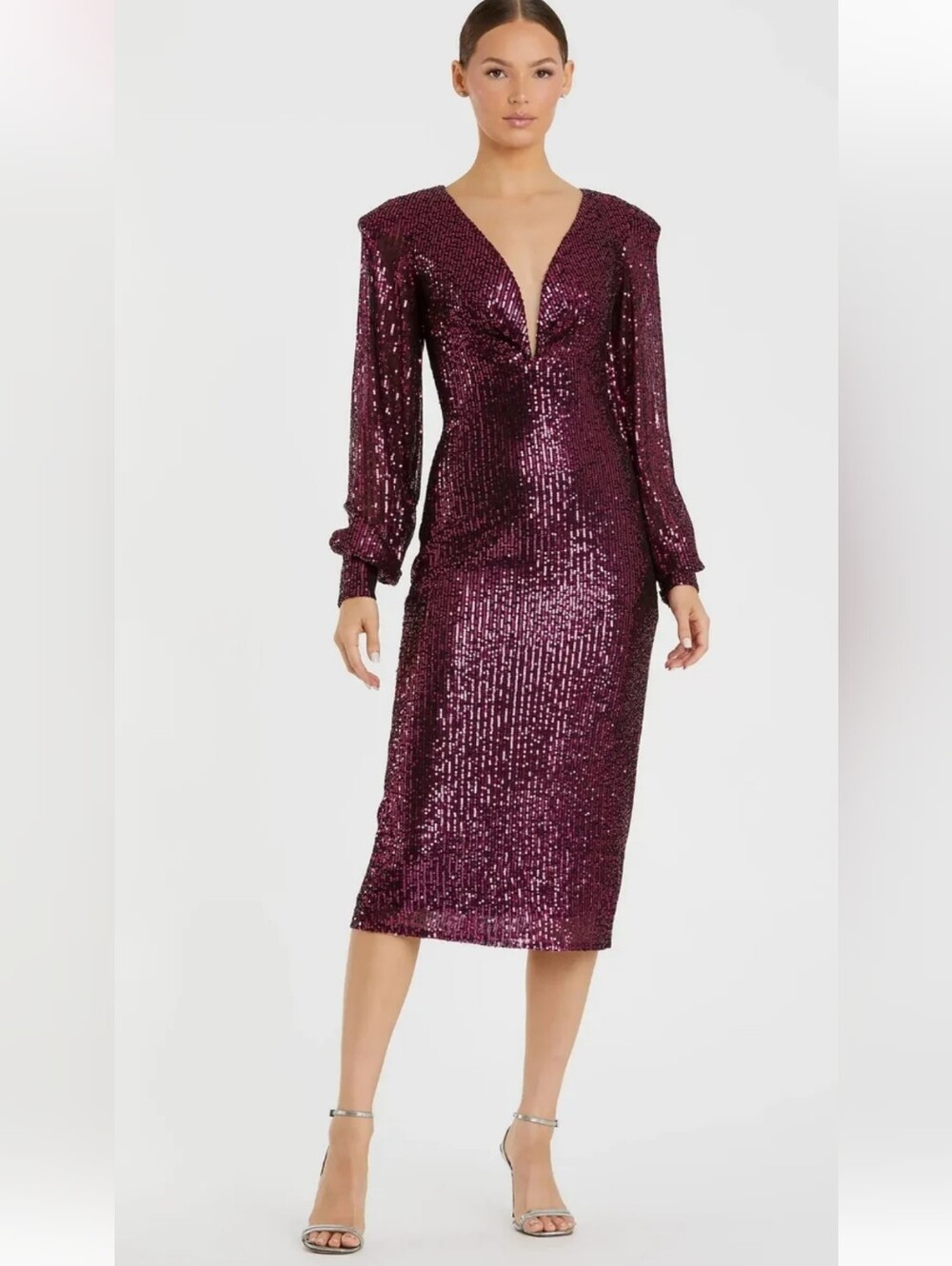 Ieena For Mac Duggal Sequined Structured Bishop Sleeve Midi Dress Style 26886